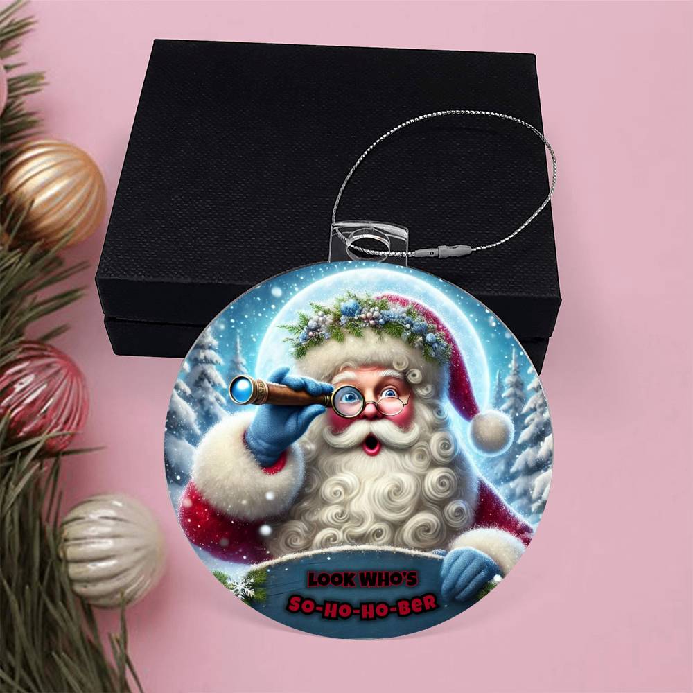 Santa round ornament in black gift box, with blue telescope and red-hat details