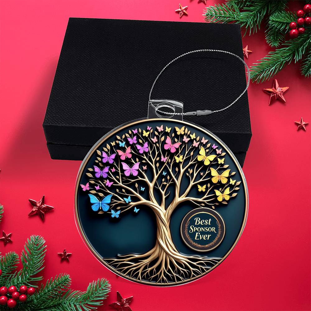 Acrylic tree ornament with butterflies in black gift box, displayed on red background