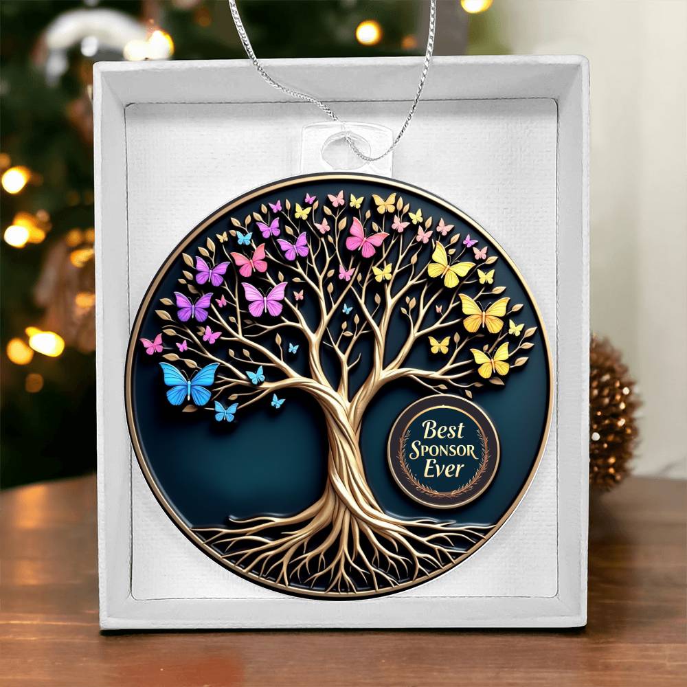 Acrylic tree ornament with butterflies in white gift box, hanging loop above