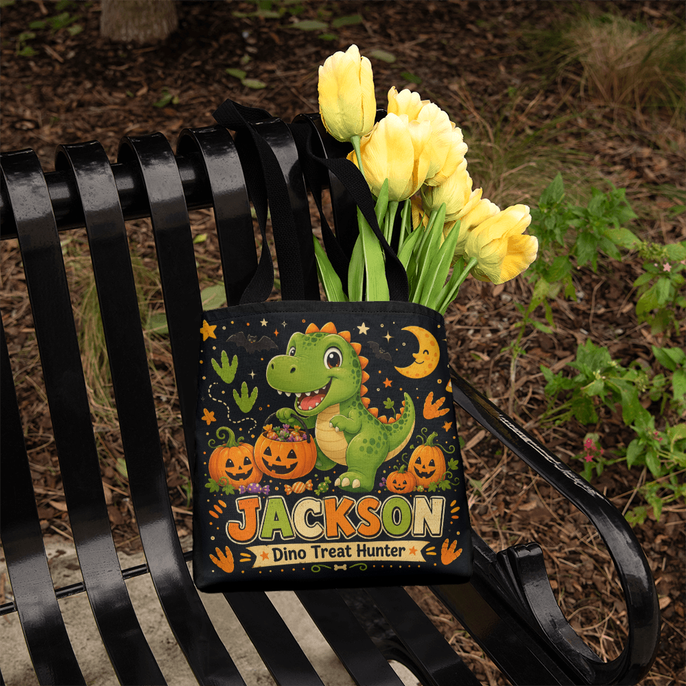 Personalized Dino Treat Hunter Halloween Tote Bag