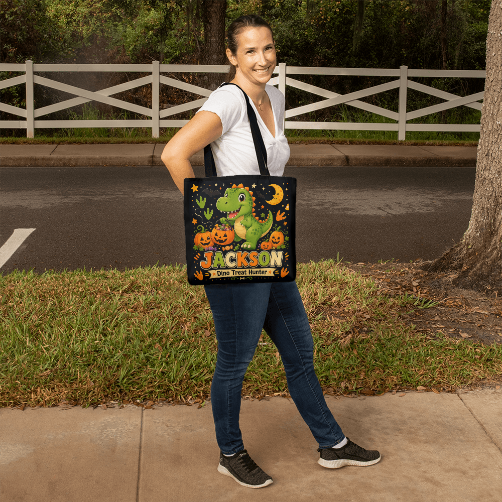 Personalized Dino Treat Hunter Halloween Tote Bag