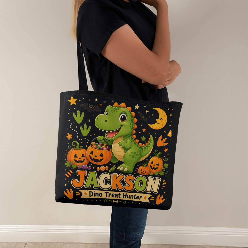 Personalized Dino Treat Hunter Halloween Tote Bag