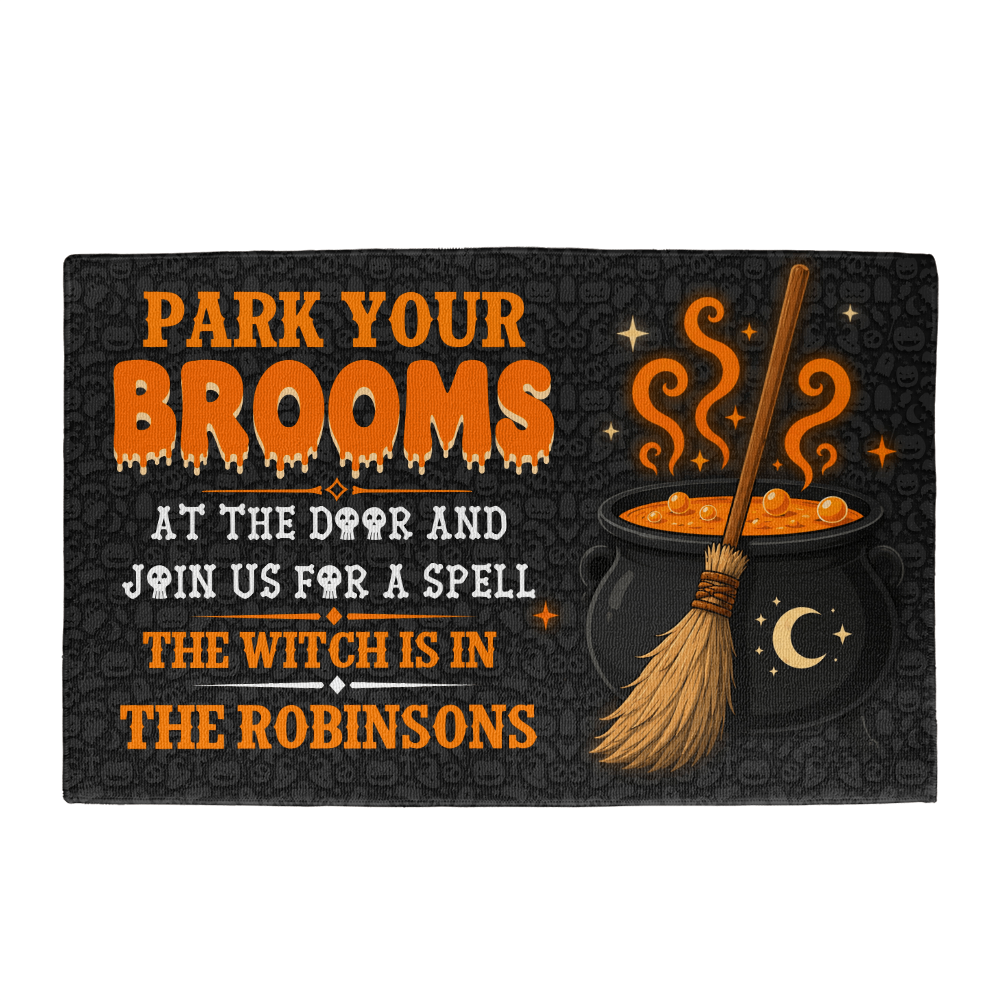 Personalized Park Your Brooms Welcome Mat – Custom Family Name Halloween Doormat