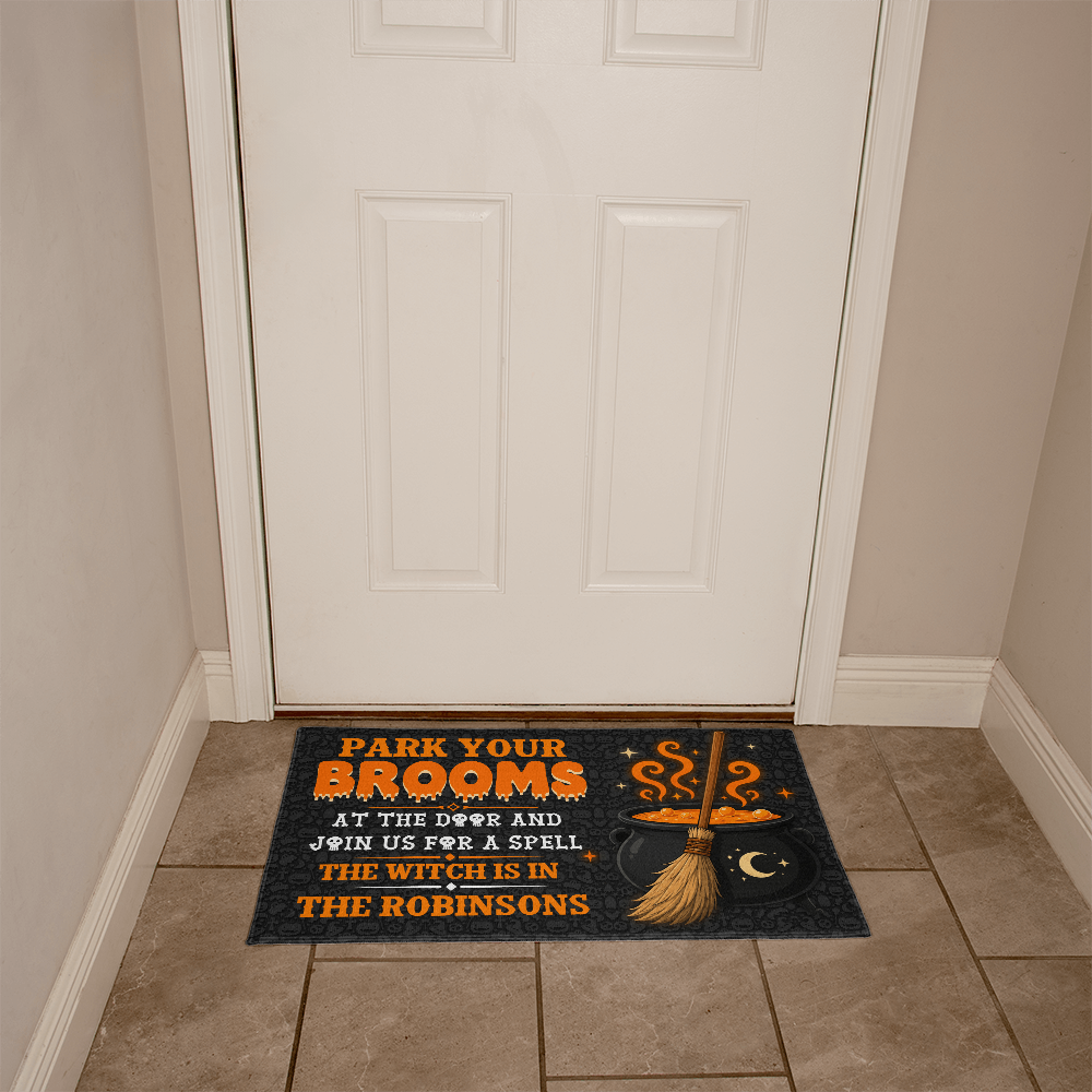 Personalized Park Your Brooms Welcome Mat – Custom Family Name Halloween Doormat