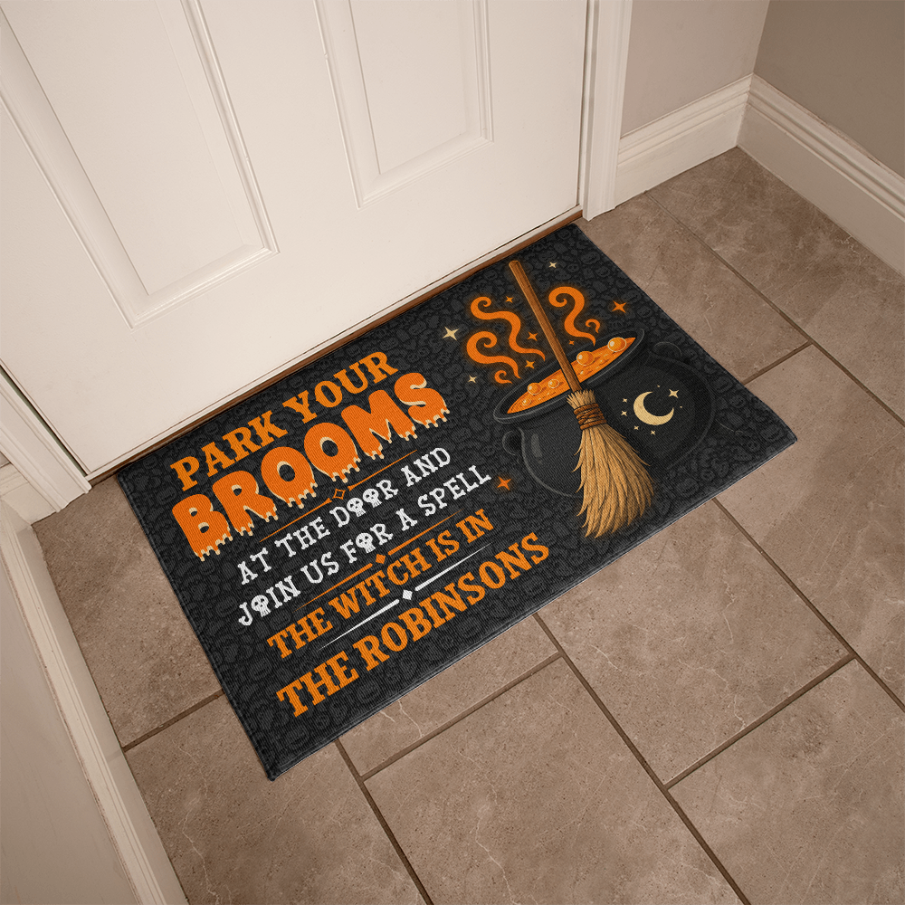 Personalized Park Your Brooms Welcome Mat – Custom Family Name Halloween Doormat