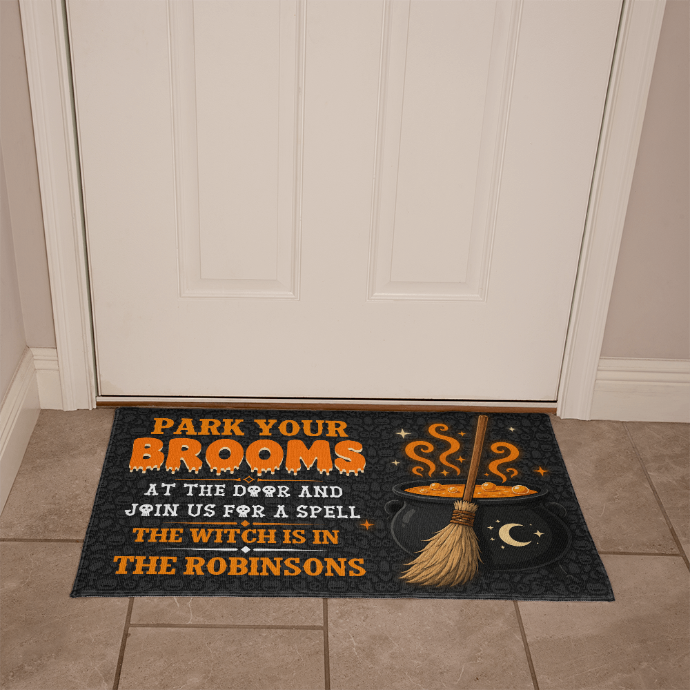 Personalized Park Your Brooms Welcome Mat – Custom Family Name Halloween Doormat