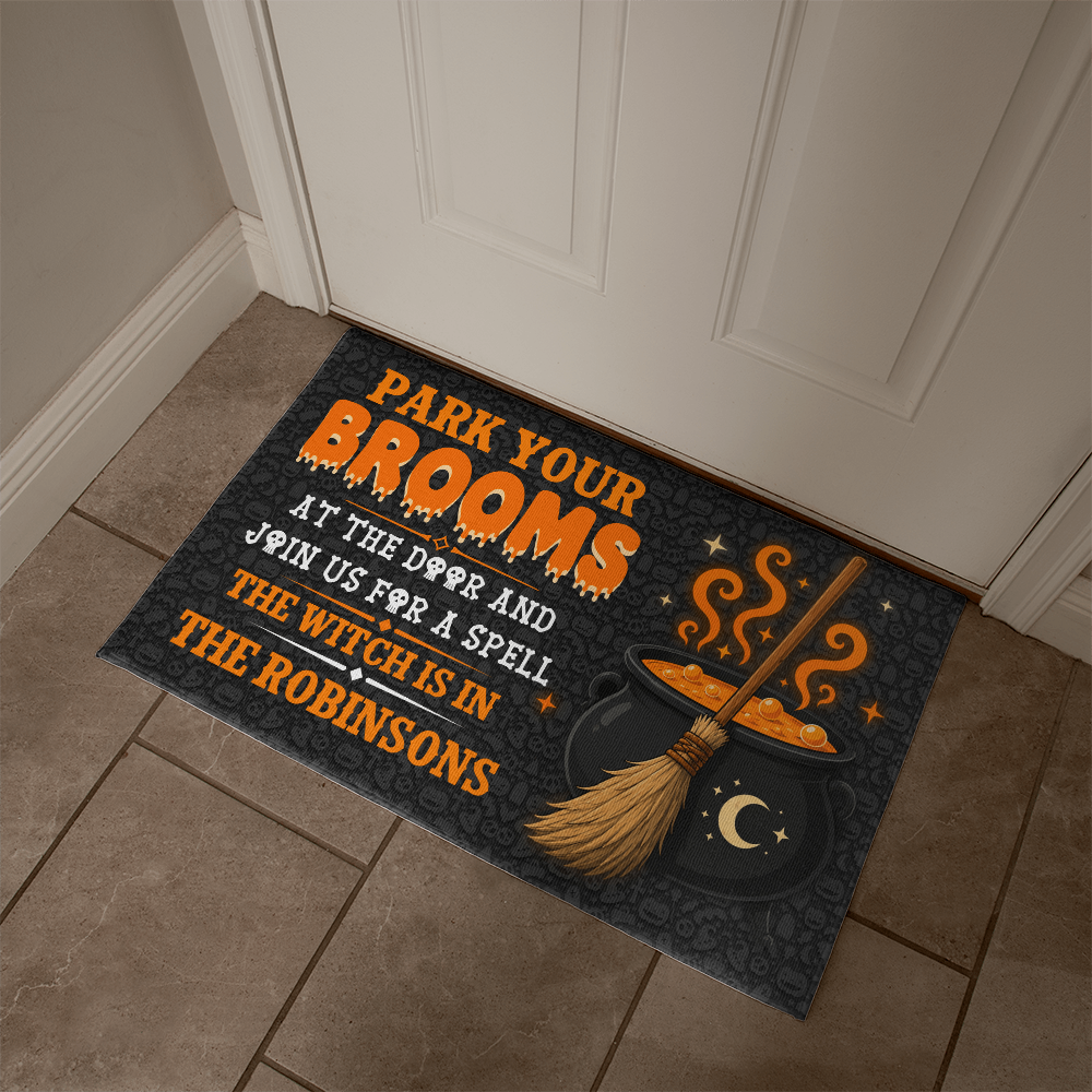 Personalized Park Your Brooms Welcome Mat – Custom Family Name Halloween Doormat