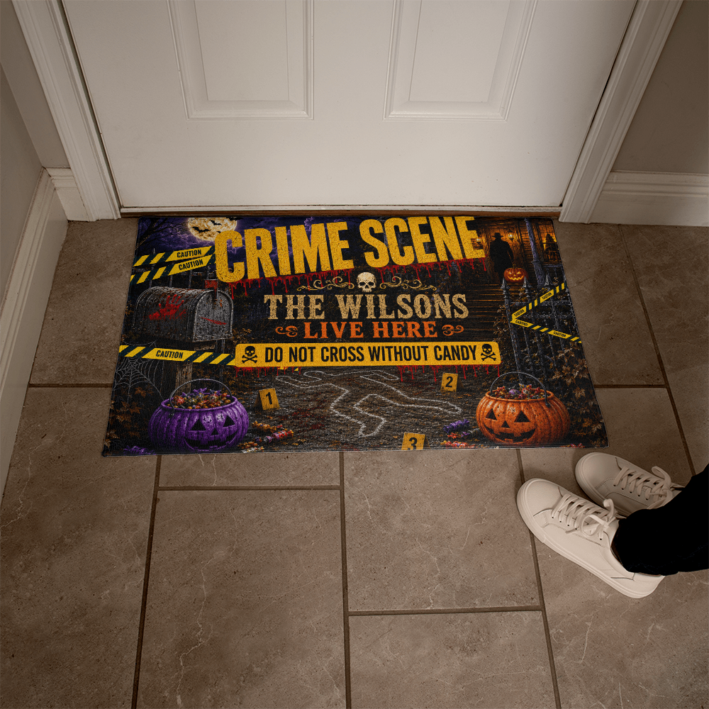 Personalized Halloween Crime Scene Welcome Mat – Custom Family Name Doormat