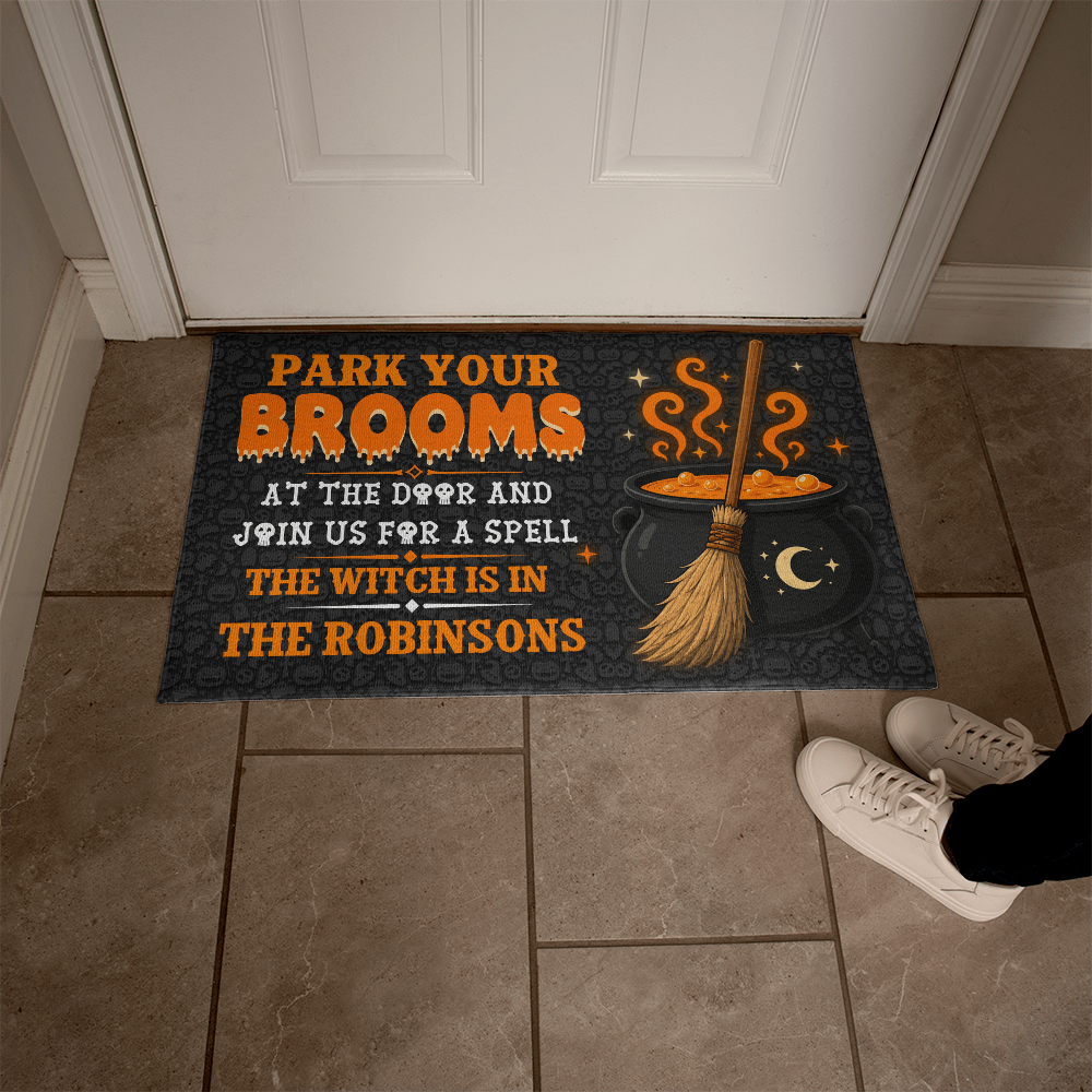 Personalized Park Your Brooms Welcome Mat – Custom Family Name Halloween Doormat