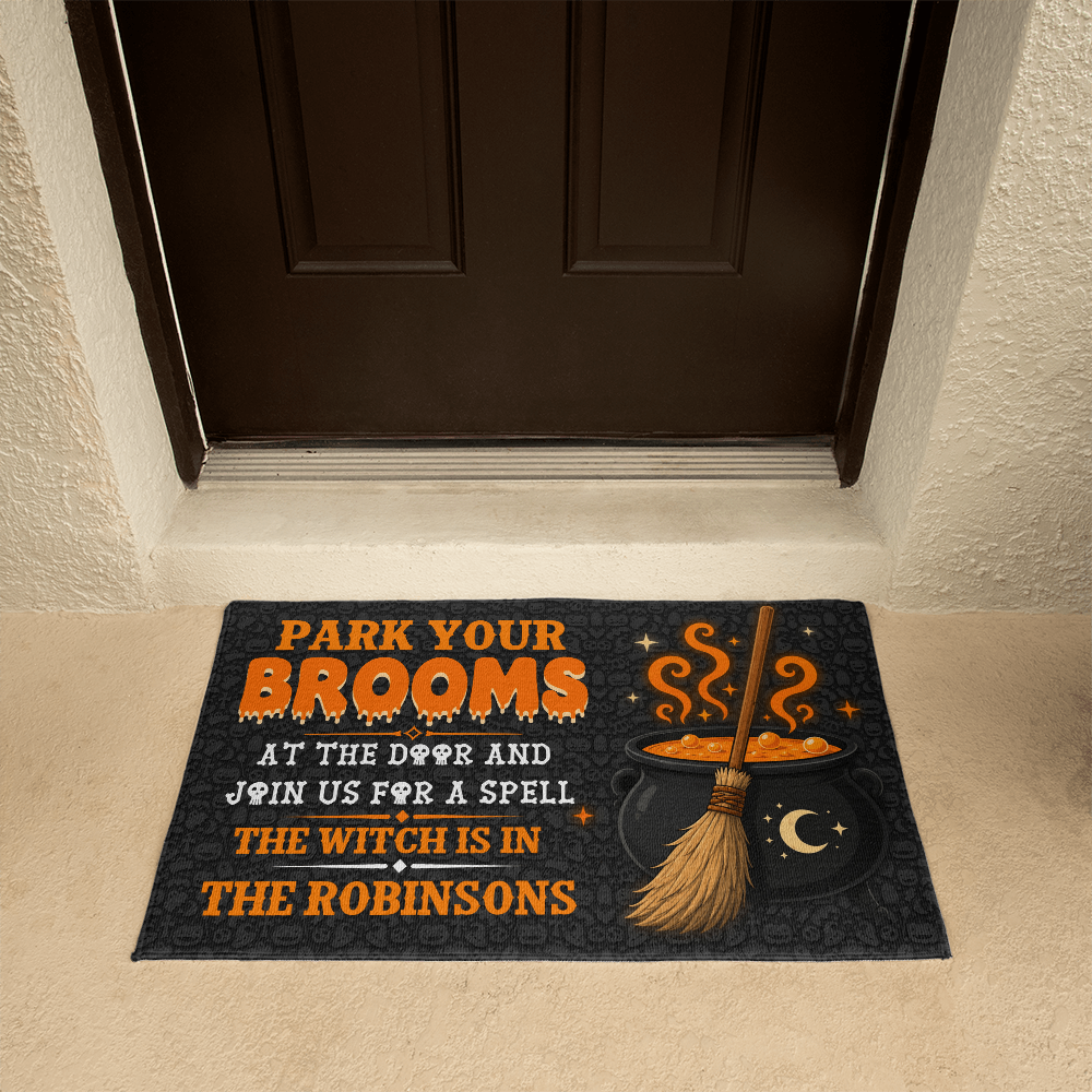Personalized Park Your Brooms Welcome Mat – Custom Family Name Halloween Doormat