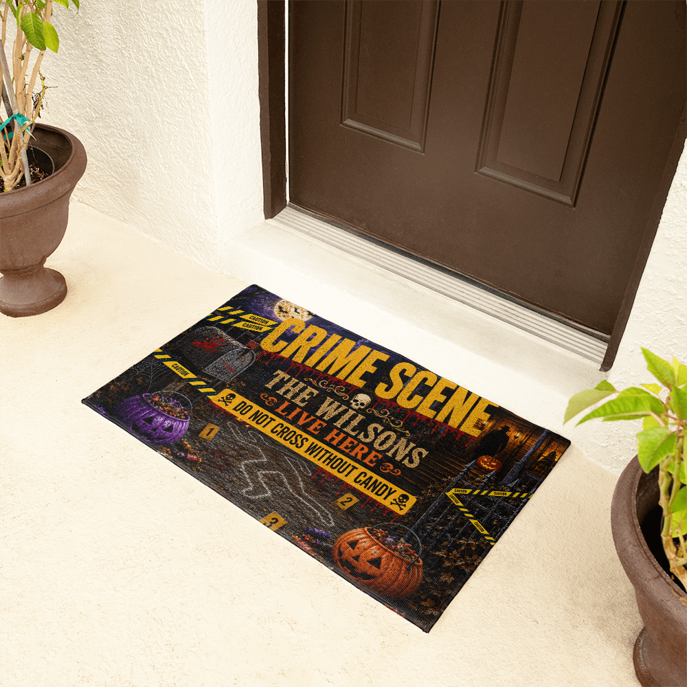 Personalized Halloween Crime Scene Welcome Mat – Custom Family Name Doormat