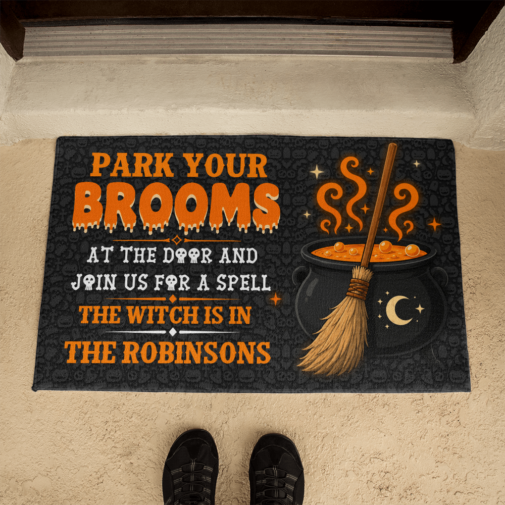 Personalized Park Your Brooms Welcome Mat – Custom Family Name Halloween Doormat