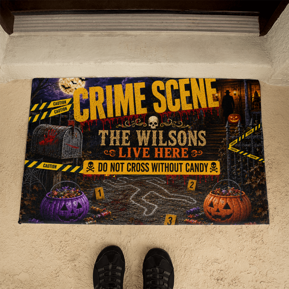 Personalized Halloween Crime Scene Welcome Mat – Custom Family Name Doormat
