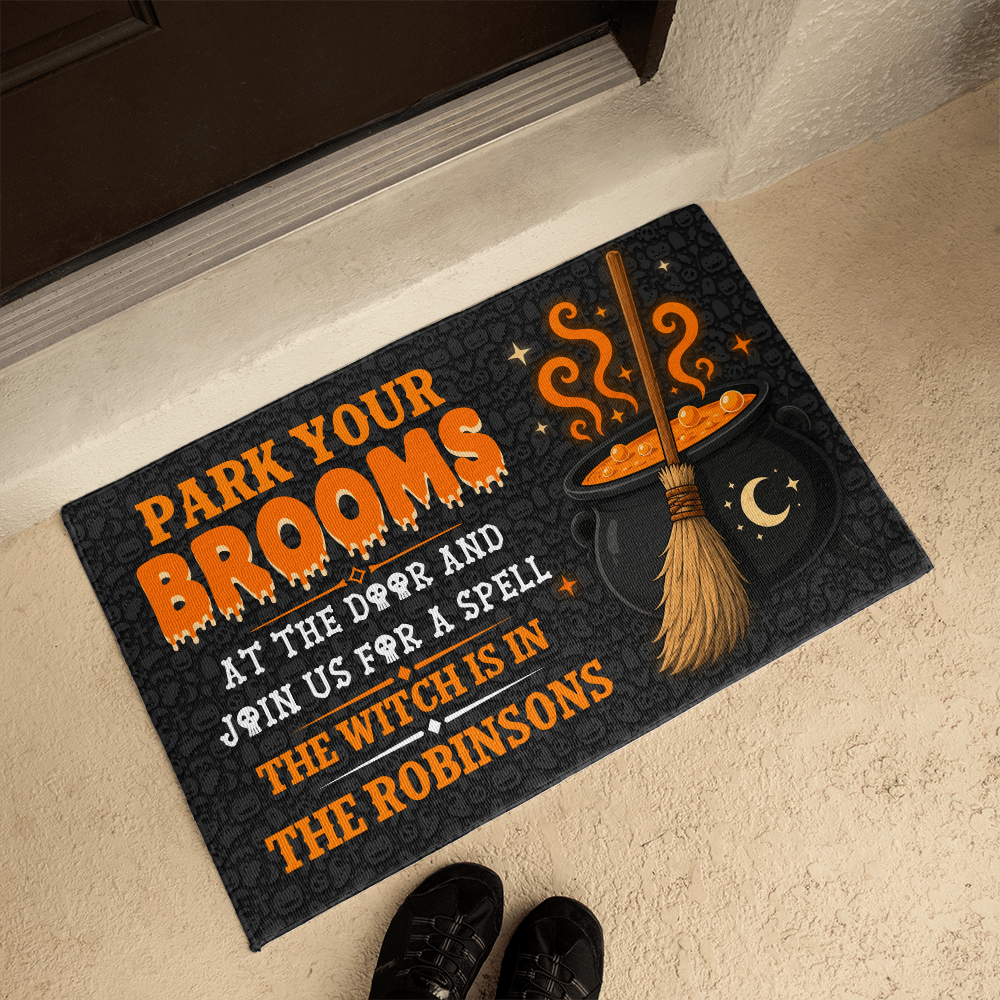 Personalized Park Your Brooms Welcome Mat – Custom Family Name Halloween Doormat