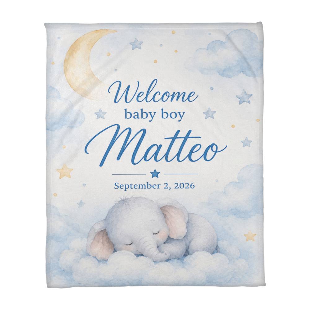 Welcome Baby Boy Blanket – Custom Name & Birth Date Elephant Keepsake