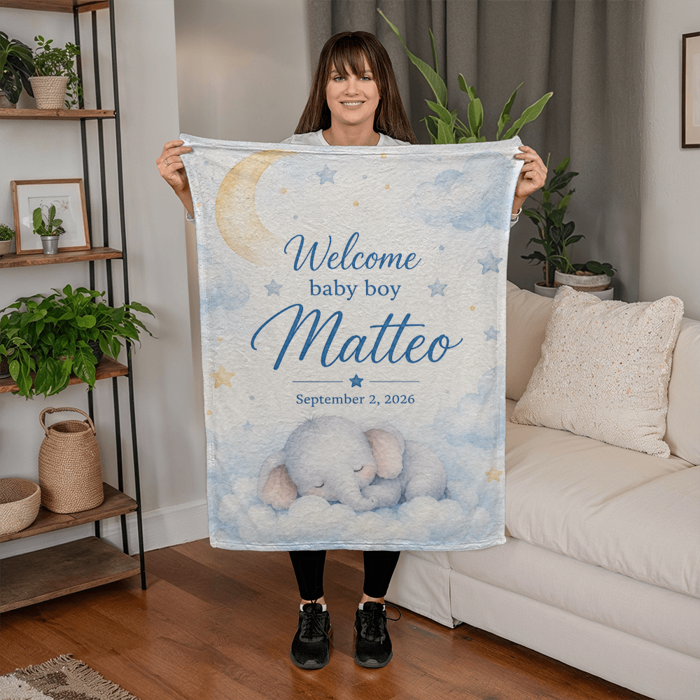 Welcome Baby Boy Blanket – Custom Name & Birth Date Elephant Keepsake