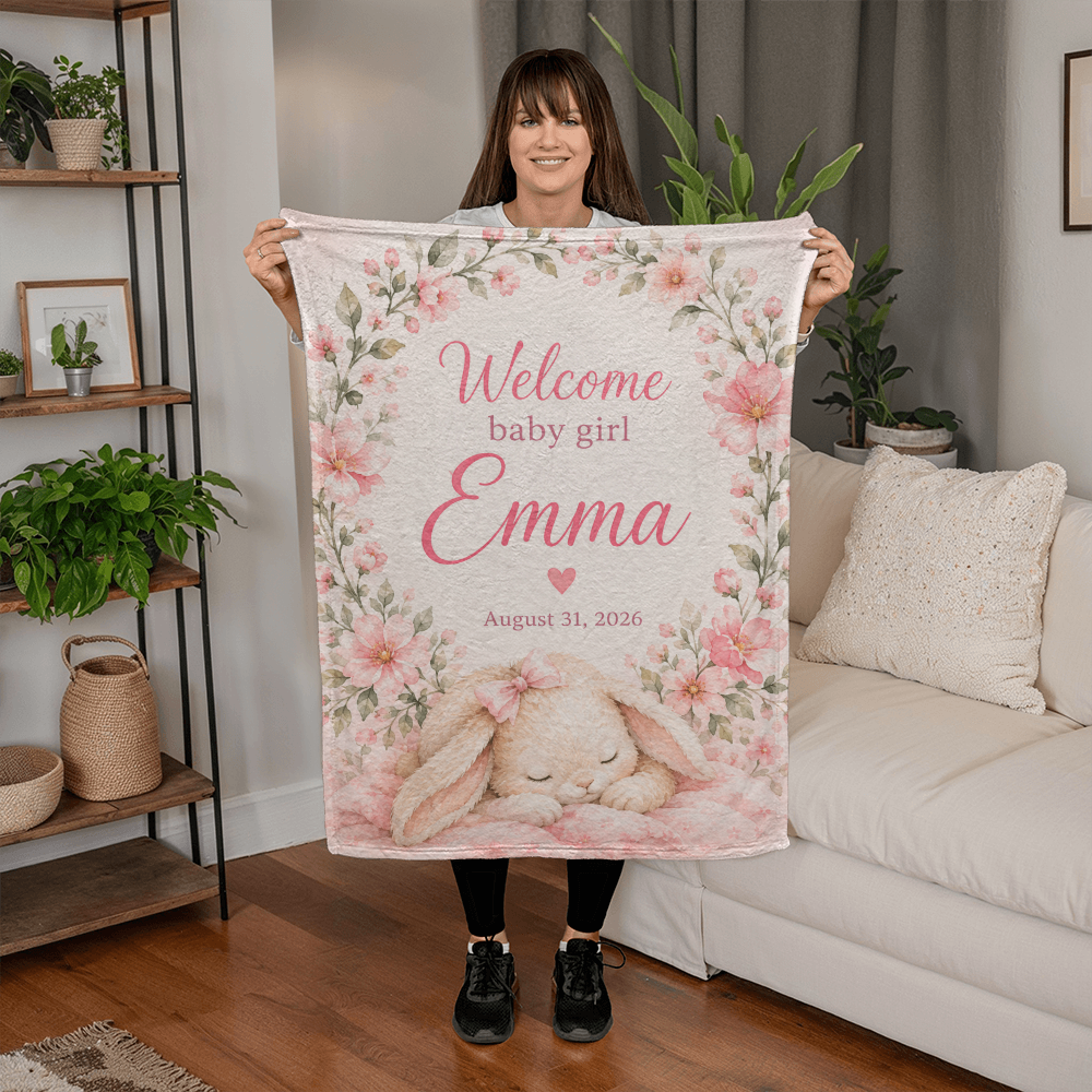 Welcome Baby Girl Blanket – Custom Name & Birth Date Bunny Keepsake