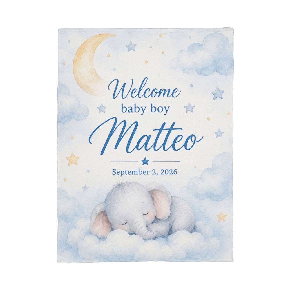 Welcome Baby Boy Blanket – Custom Name & Birth Date Elephant Keepsake