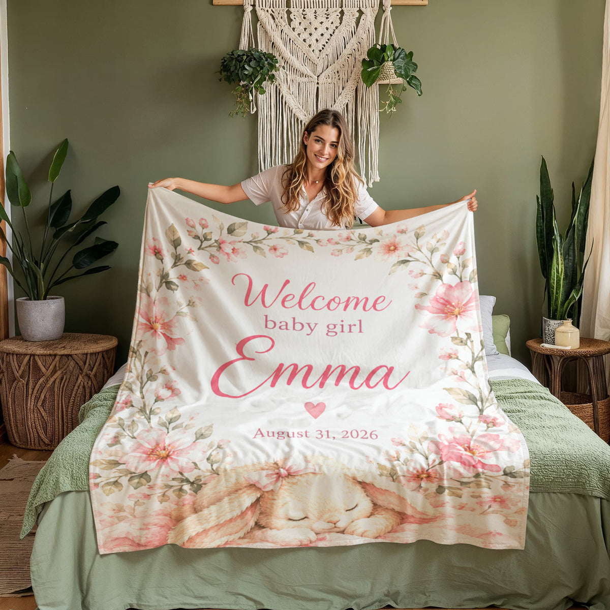 Welcome Baby Girl Blanket – Custom Name & Birth Date Bunny Keepsake