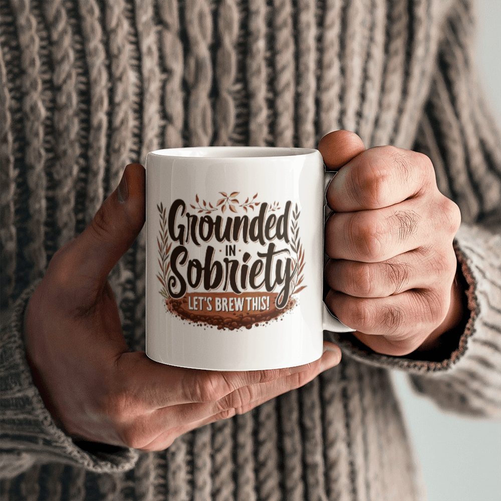 Two hands holding a white mug with “Grounded in Sobriety” and “Let’s Brew This!”