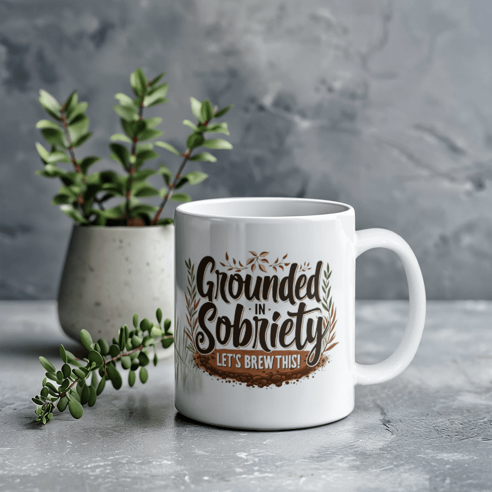 White coffee mug with “Grounded in Sobriety” and “Let’s Brew This!” near green plants