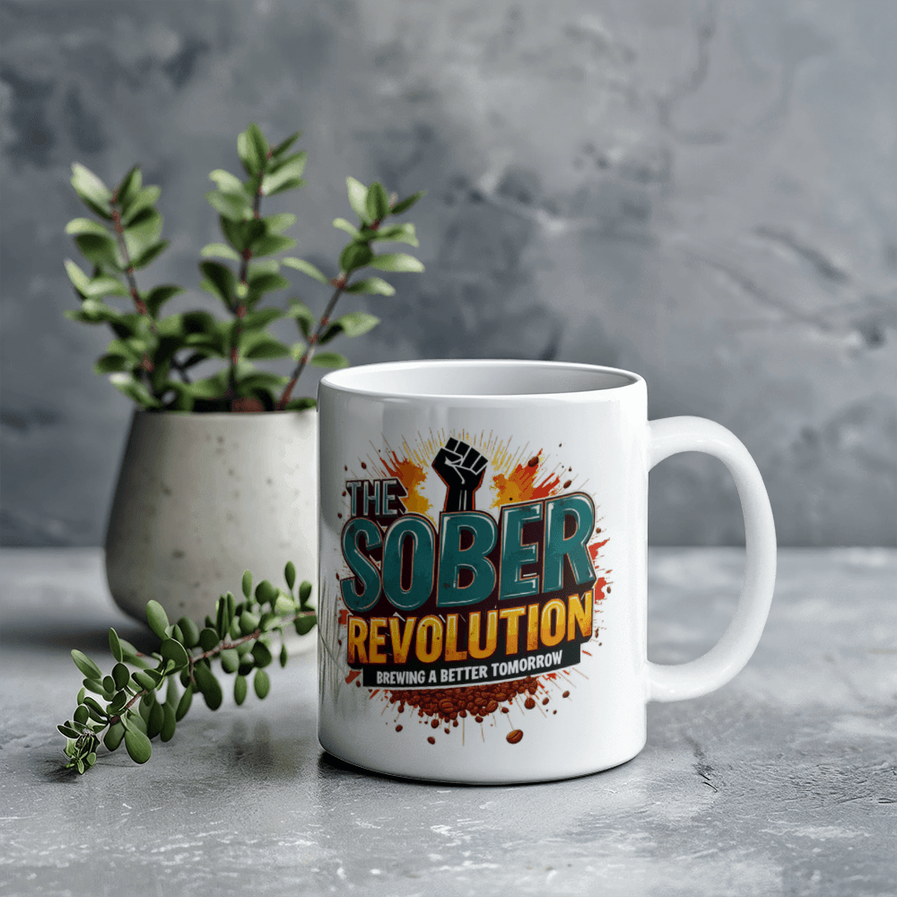 White ceramic mug with 'The Sober Revolution' graphic on a countertop