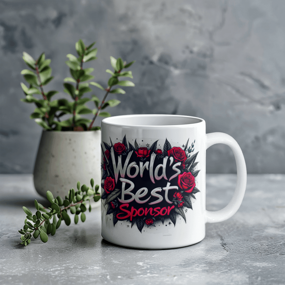White ceramic coffee mug with red roses and “World’s Best Sponsor” on gray background