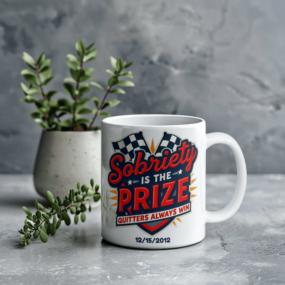Customizable white mug with “Sobriety is the Prize” graphic and date “12/15/2012”