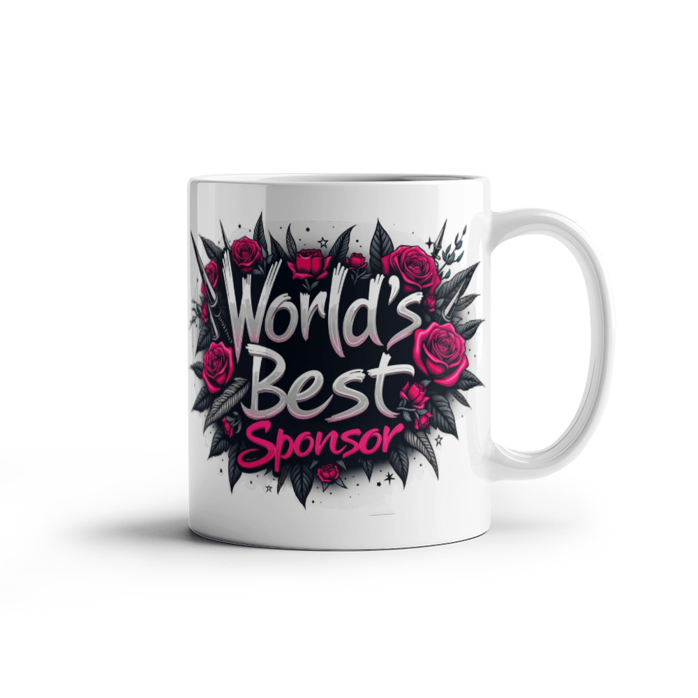 White ceramic coffee mug with “World’s Best Sponsor” text and red rose graphic