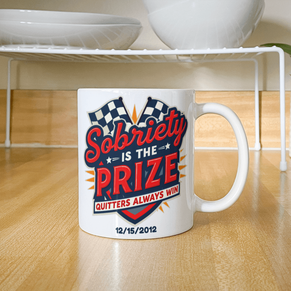 Customizable white mug with “Sobriety is the Prize” graphic and date “12/15/2012”