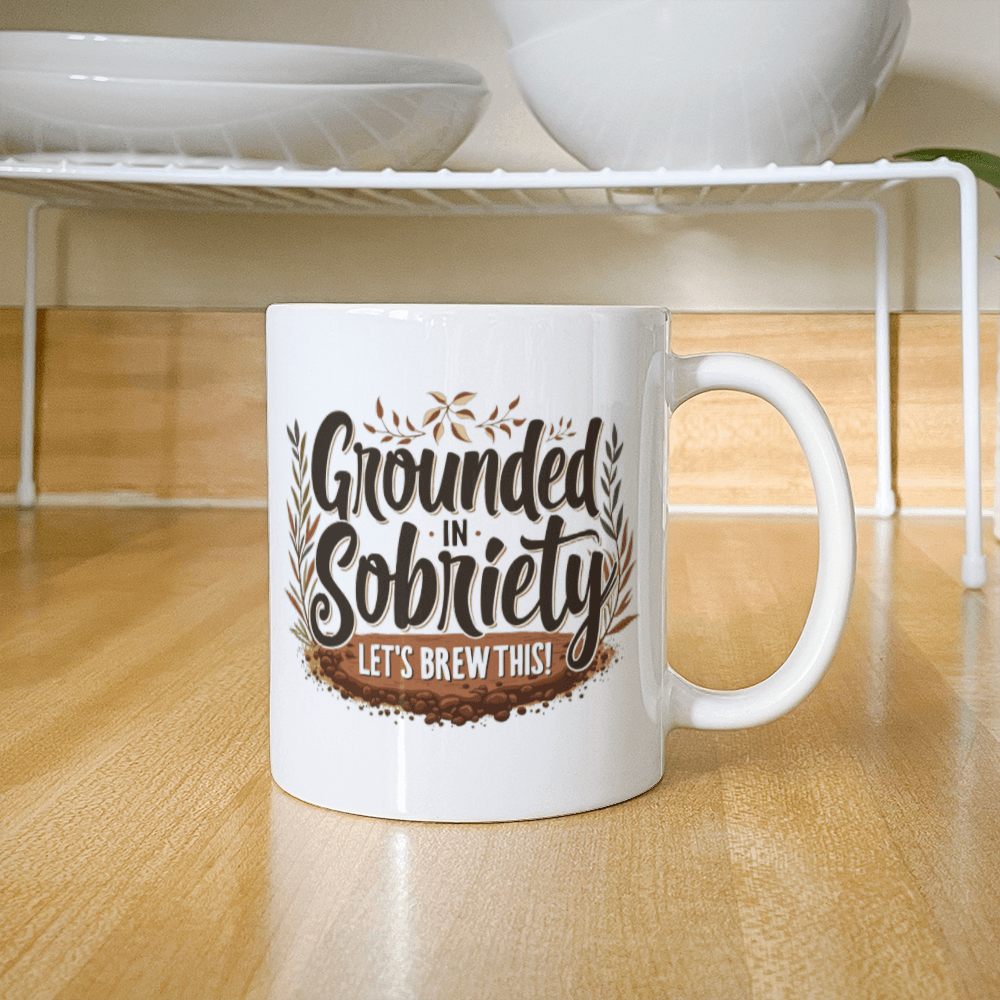 White mug with “Grounded in Sobriety” and “Let’s Brew This!” centered on front