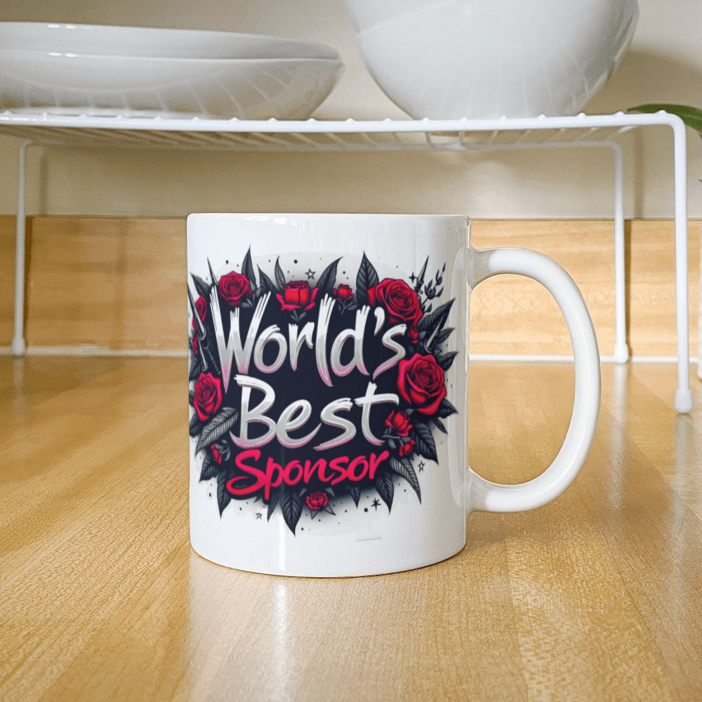 White ceramic mug with “World’s Best Sponsor” design featuring red roses