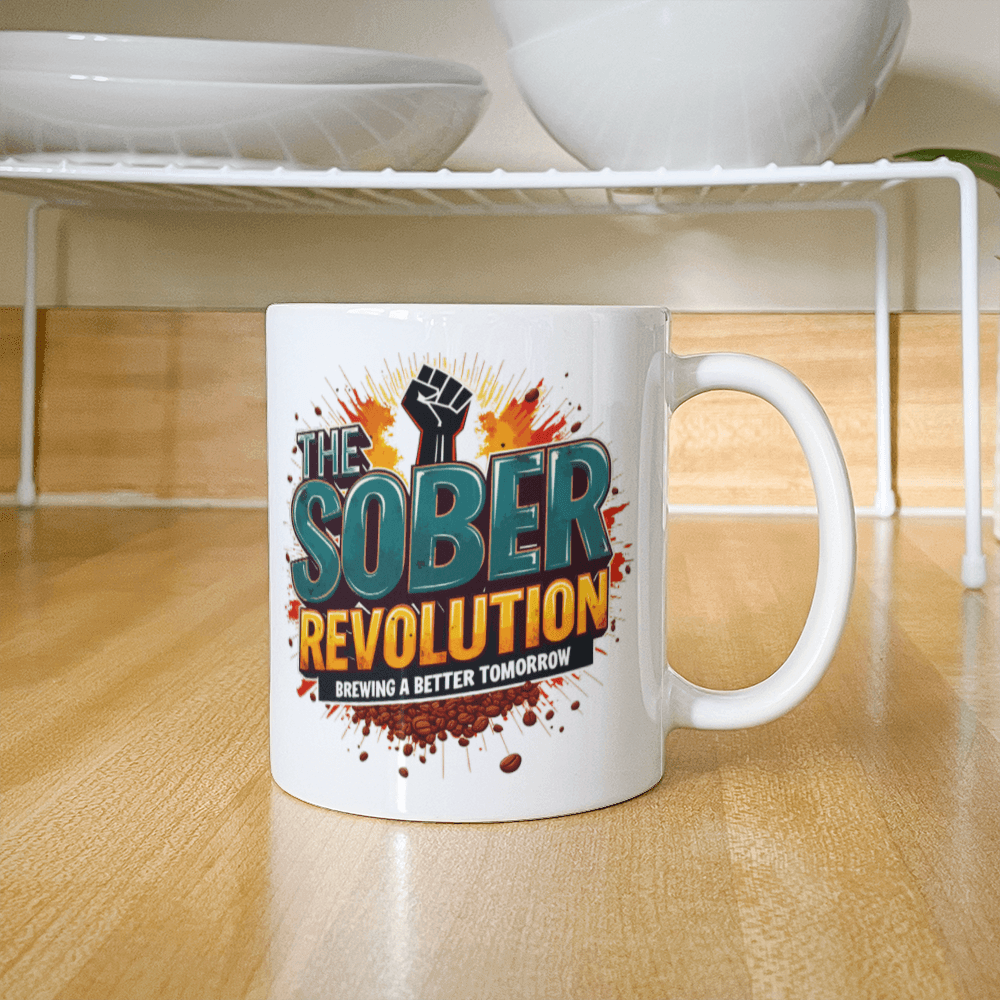 White ceramic mug with 'The Sober Revolution' front print and curved handle