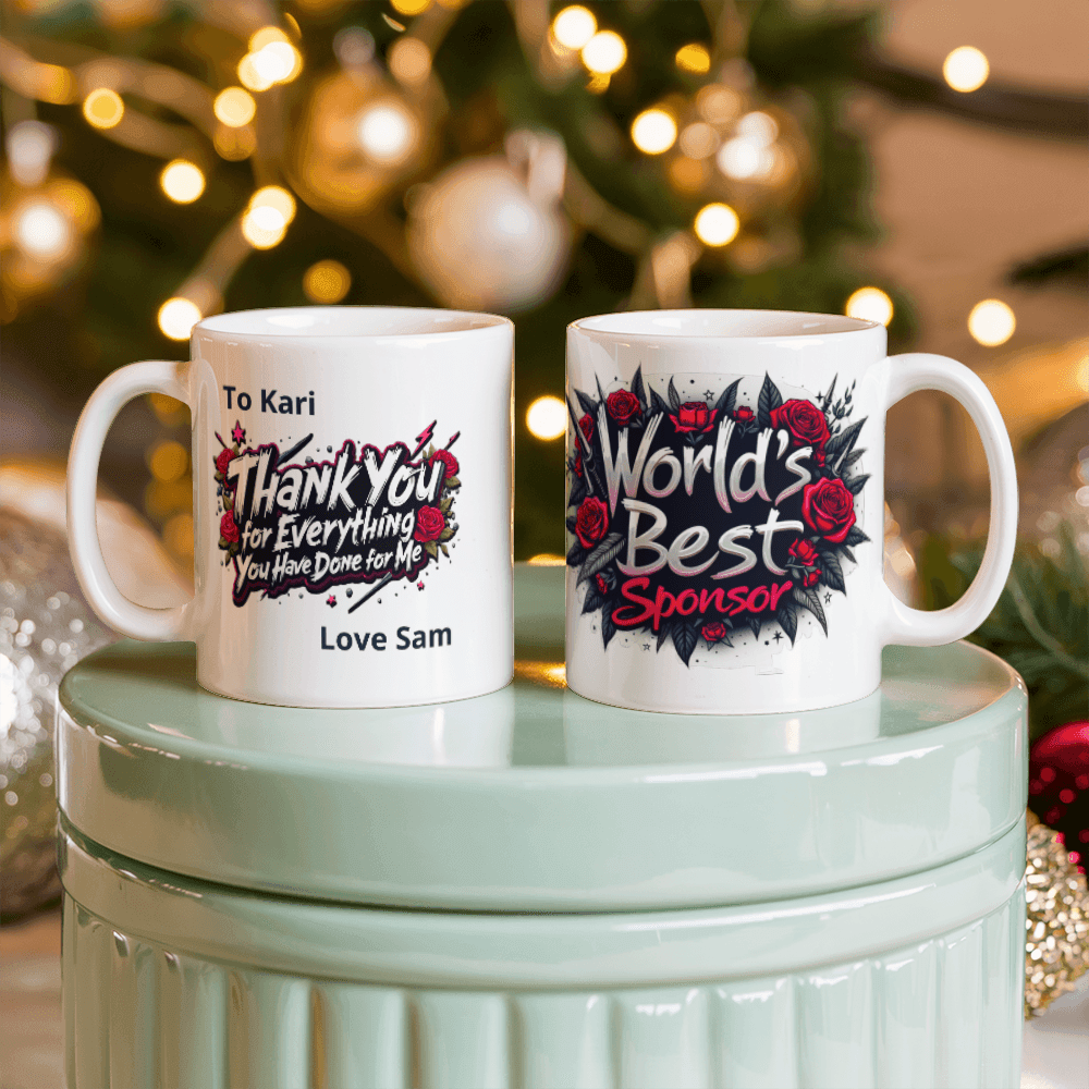 White ceramic mugs, one with “Thank you” text and one with “World’s Best Sponsor” design