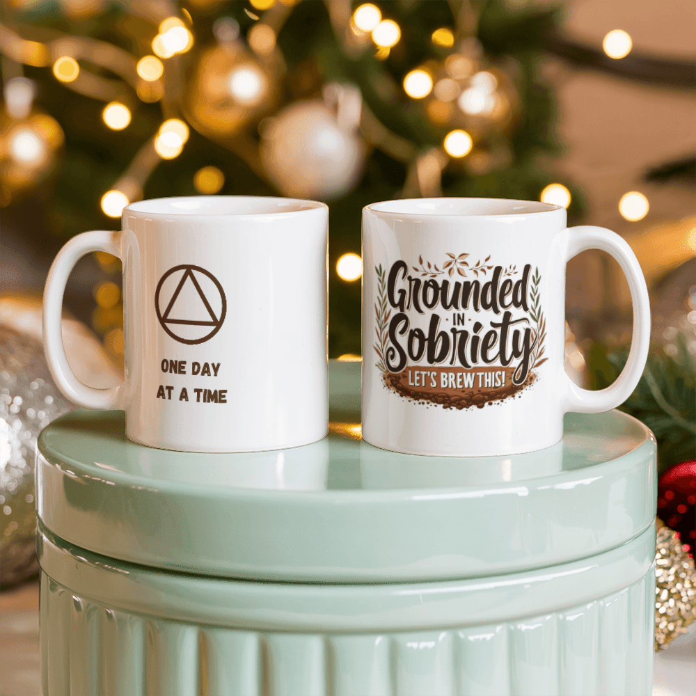 Two white mugs: one “One Day at a Time,” the other “Grounded in Sobriety” text