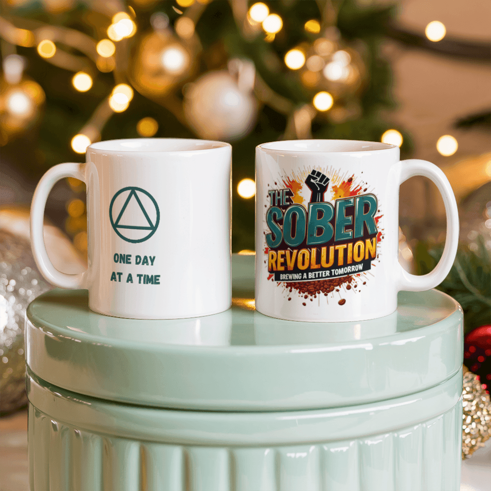 Set of two white ceramic mugs with 'One Day at a Time' and Sober Revolution print