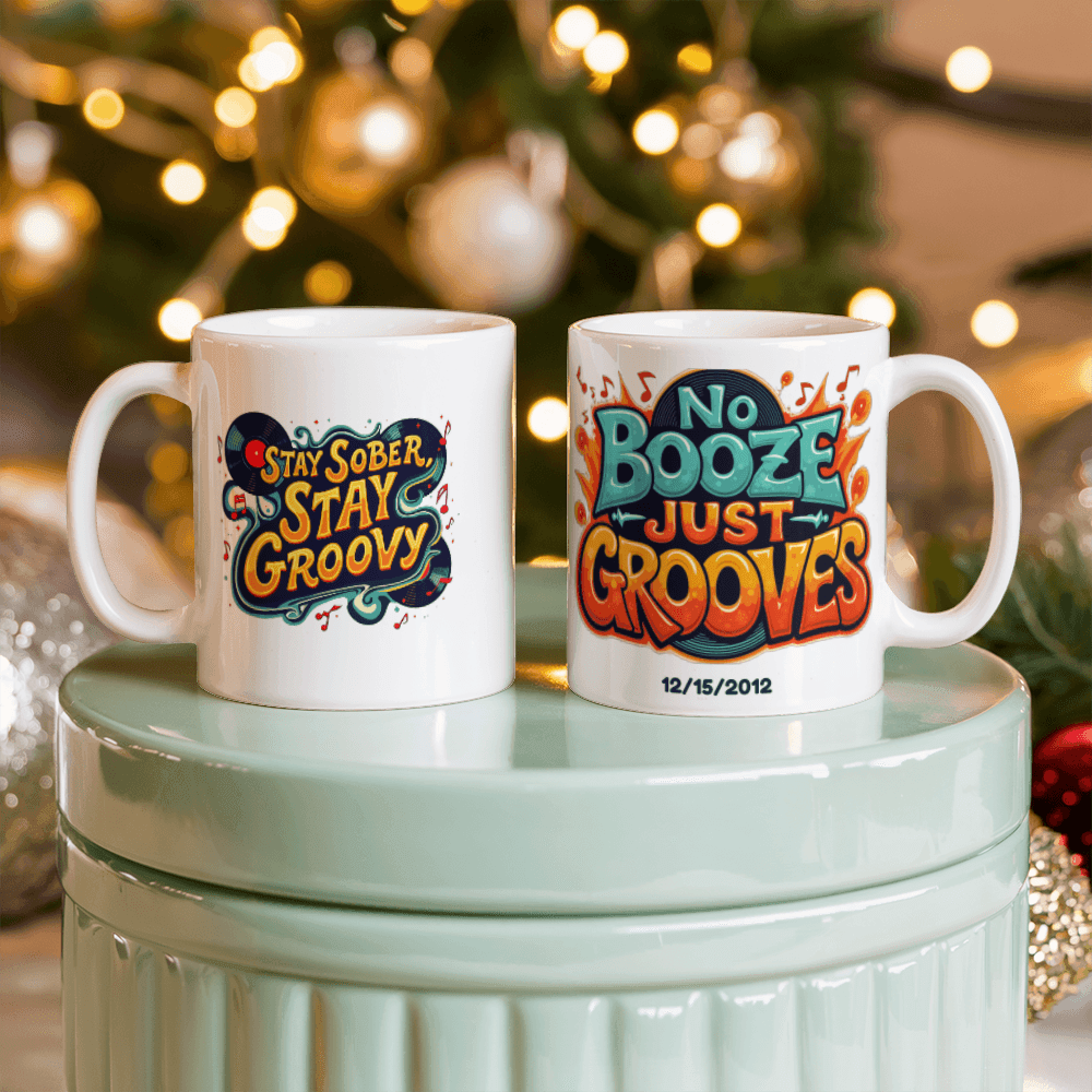 Two white ceramic mugs on a tray: 'Stay Sober Stay Groovy' and 'No Booze Just Grooves'