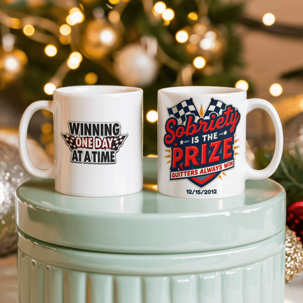 Customizable mug set: one reads “Winning one day at a time,” the other “Sobriety is the Prize”
