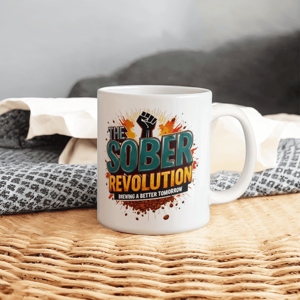 White ceramic mug with 'The Sober Revolution' graphic and orange paint splatter