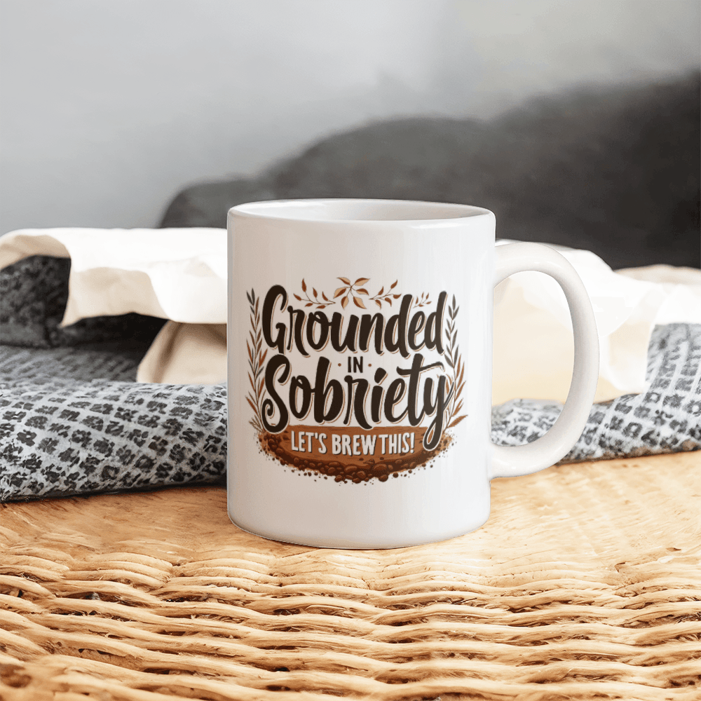 White coffee mug with “Grounded in Sobriety” and “Let’s Brew This!” on front