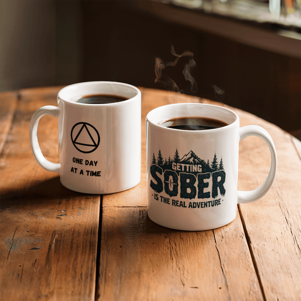 Two white ceramic mugs: one 'ONE DAY AT A TIME', one 'GETTING SOBER' text