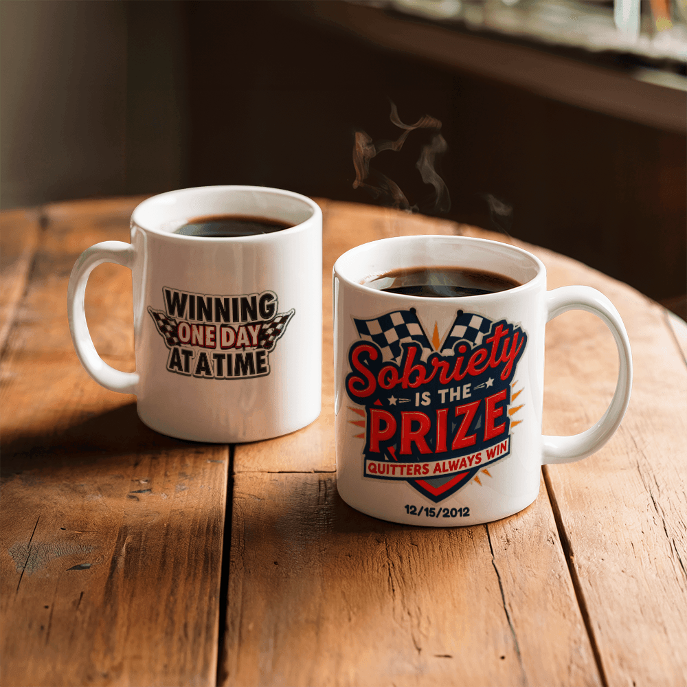 Customizable mug pair: left “Winning one day at a time,” right “Sobriety is the Prize”