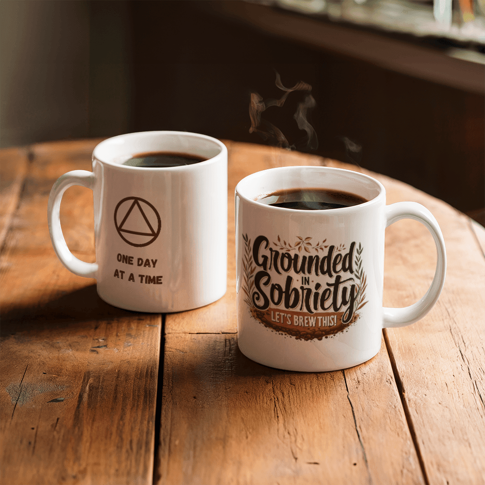 Two white mugs on wood: “One Day at a Time” and “Grounded in Sobriety” designs