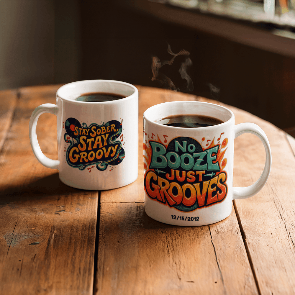 Two white ceramic recovery mugs: 'Stay Sober Stay Groovy' and 'No Booze Just Grooves' with date