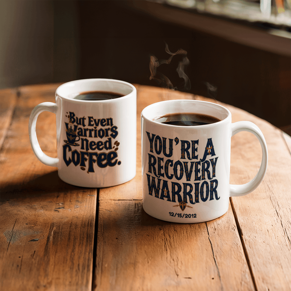 White coffee mug showing “You’re a Recovery Warrior” text with date “12/15/2012”