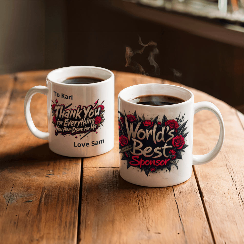 Two white ceramic mugs on wooden table: “Thank you” message and “World’s Best Sponsor”