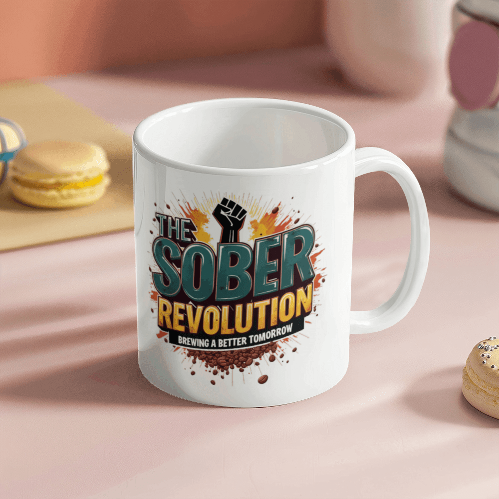 White ceramic mug with 'The Sober Revolution' text and orange splatter, side view