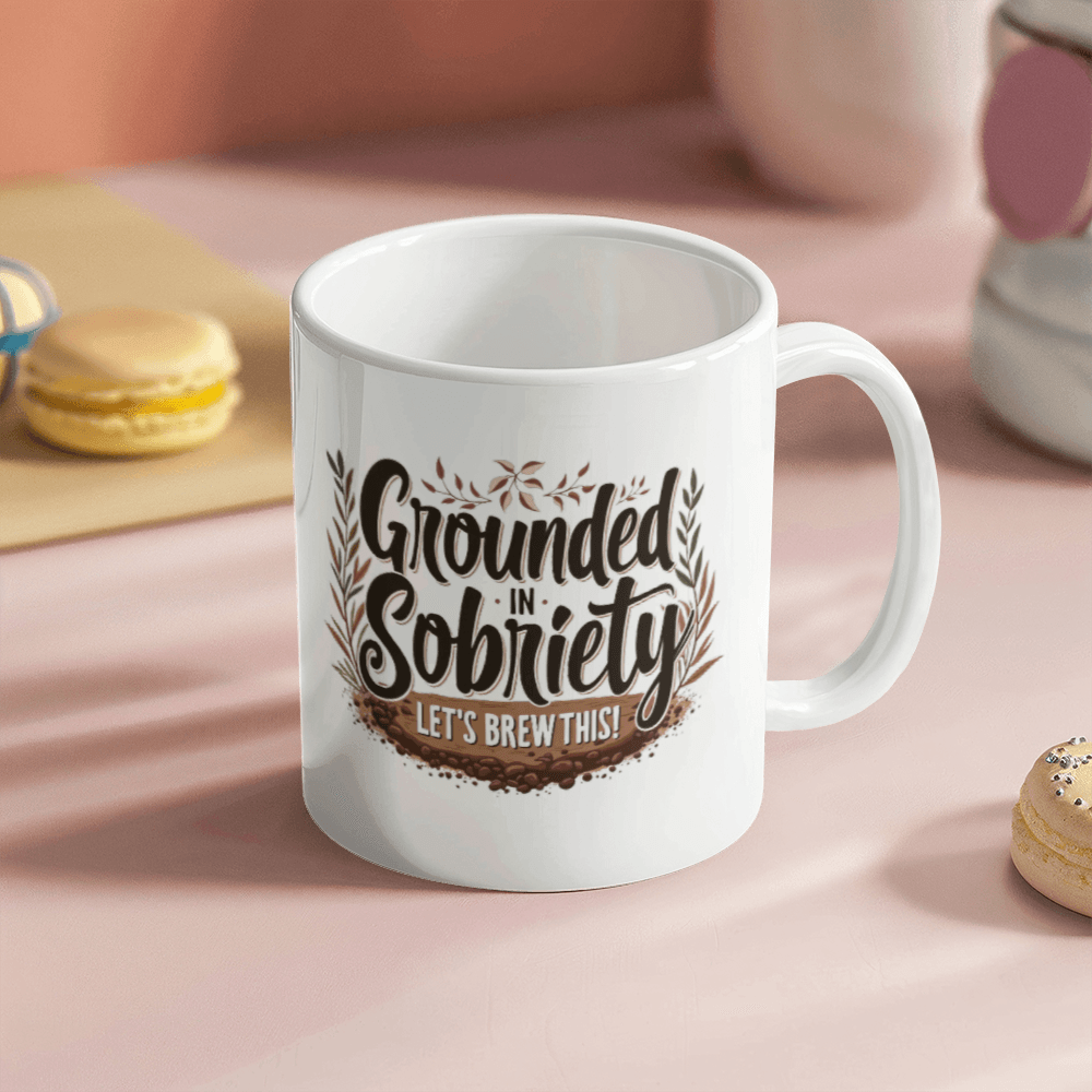 White coffee mug displaying “Grounded in Sobriety” and “Let’s Brew This!” message