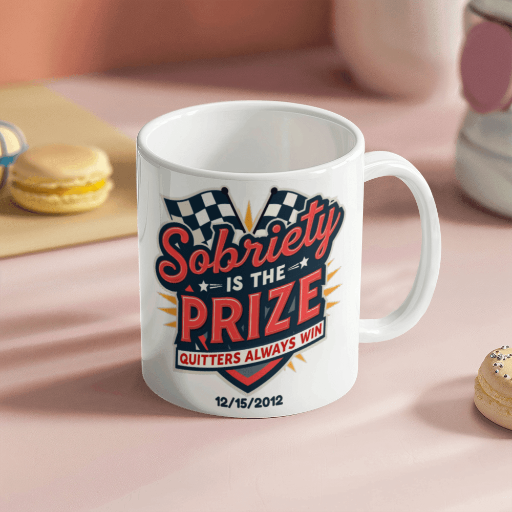 Customizable white mug with “Sobriety is the Prize” and “Quitters always win”