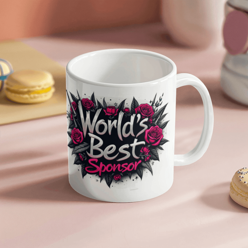 White ceramic coffee mug with “World’s Best Sponsor” text and red rose wreath
